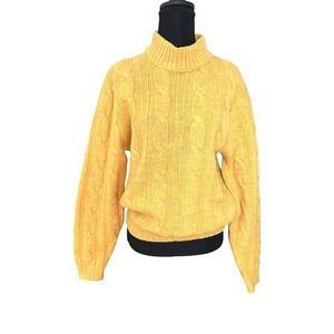 Vintage 80s Women's 100% Wool Cable Knit Sweater Turtleneck Yellow Size M